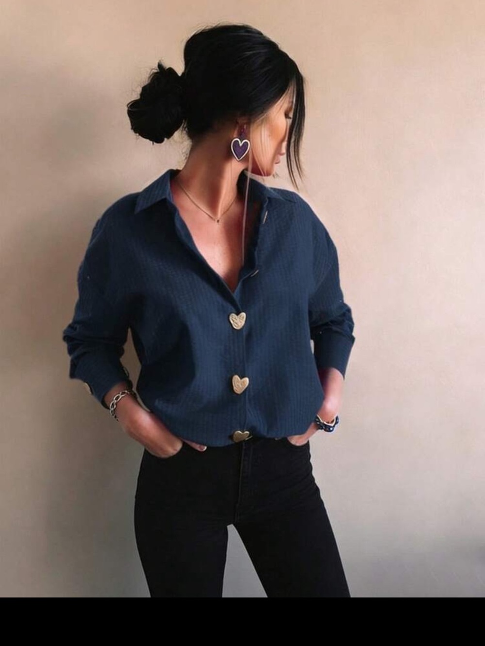 SHEIN Navy Button-Down Shirt with Heart Buttons